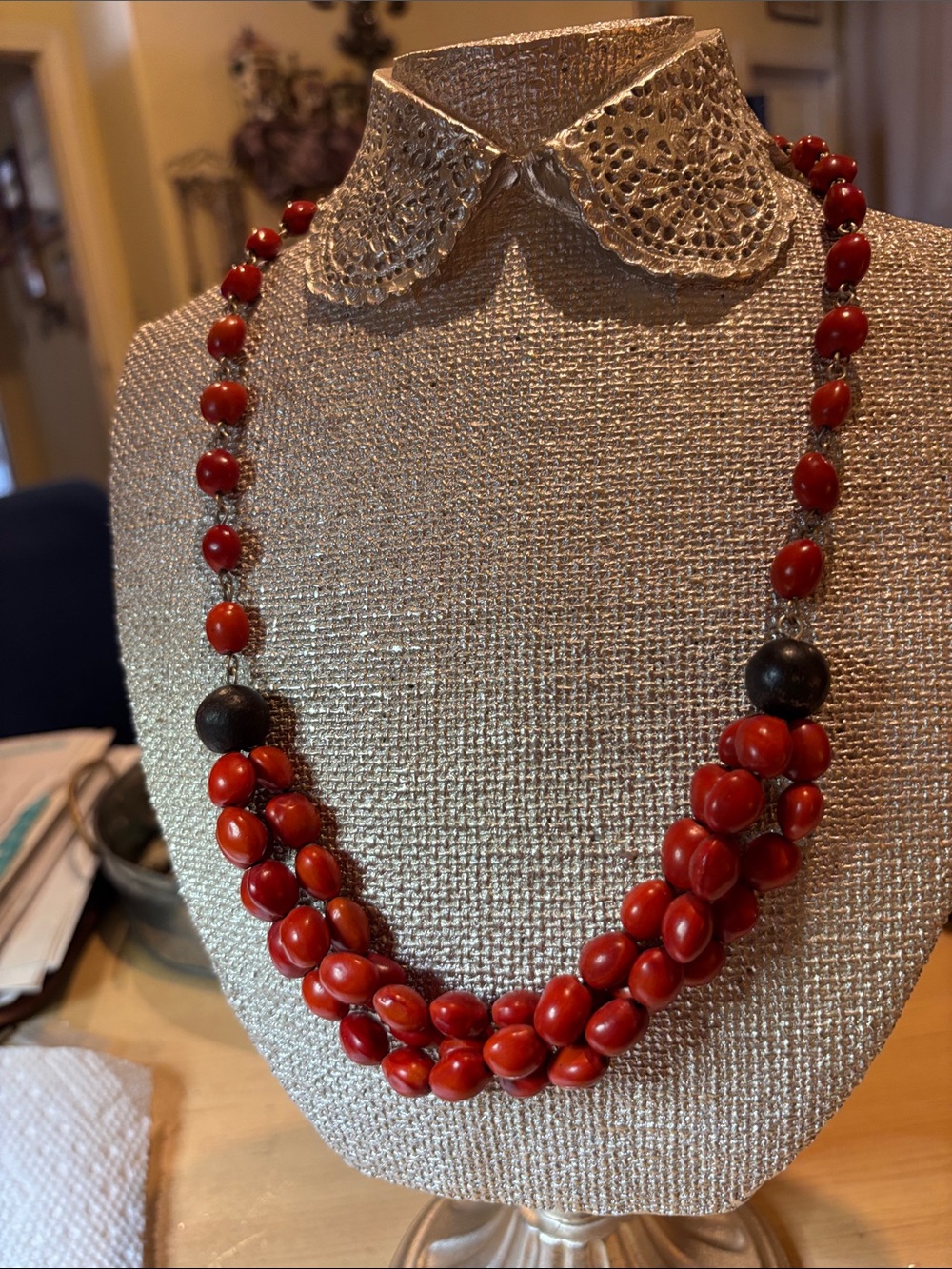 Red Beaded Multi-Strand Statement Necklace